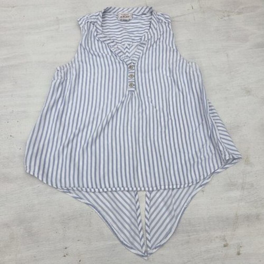 Ariat Women Size M Blue White Striped 1/4 Button Up Sleeveless Shirt Bottom Tie